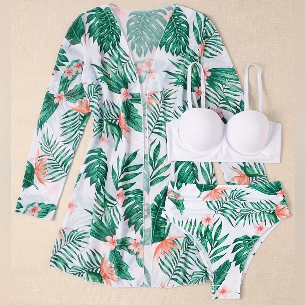 3pc Tropical Push Up High Waisted Bikini Set & Kimono Cover Up - Picture 3 of 10